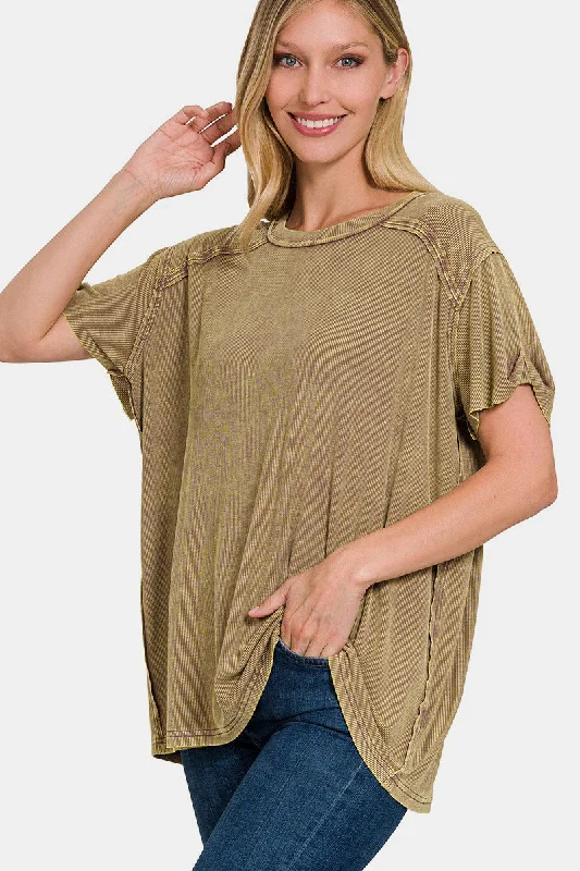 Washed Ribbed Short Sleeve Top Elegant Style