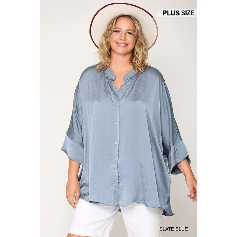 Washed Satin Button Down Loose Fit Top With Hi-lo Hem Summer Splash Sale