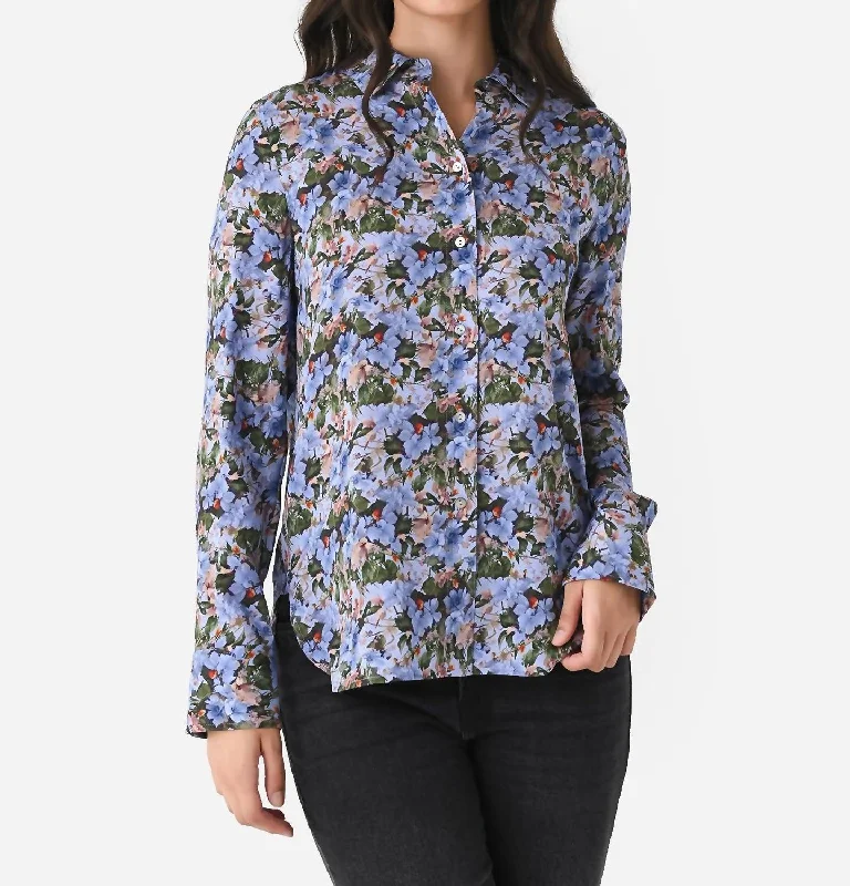 Wild Primrose Stretch Silk Slim-Fit Blouse In Pacific Hot Deals