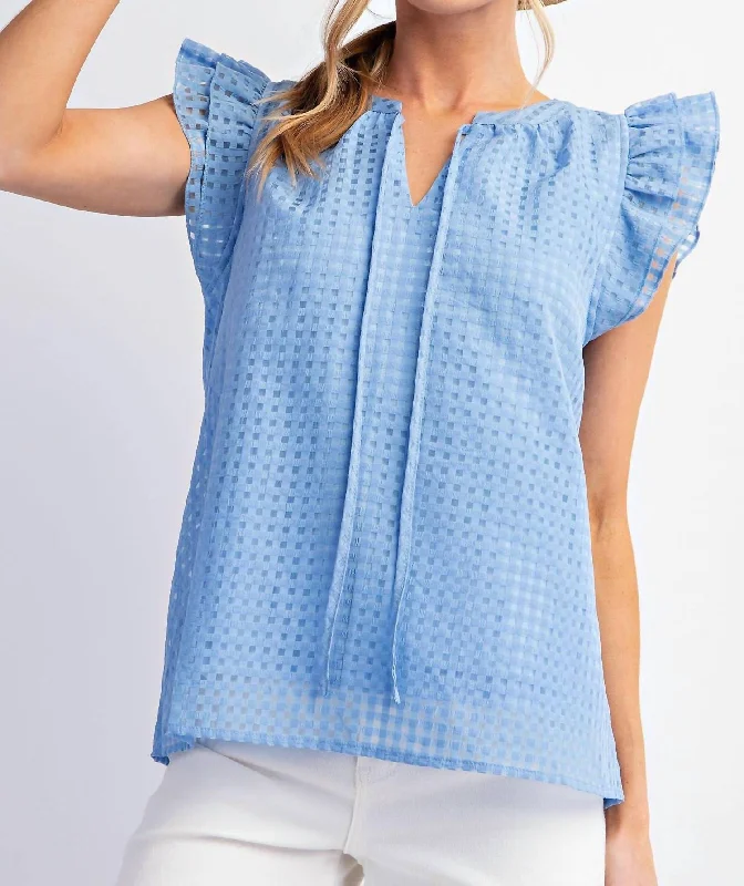 Wing Sleeve Square Pattern Top In Blue Fashion Sale