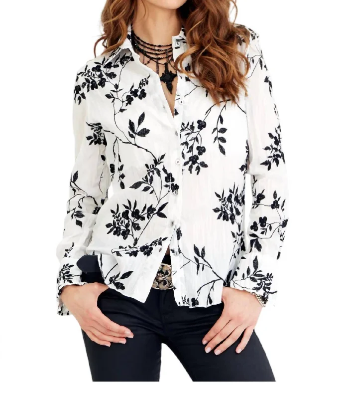 Wisteria Embroidery Button Down Shirt In White Daily Essentials