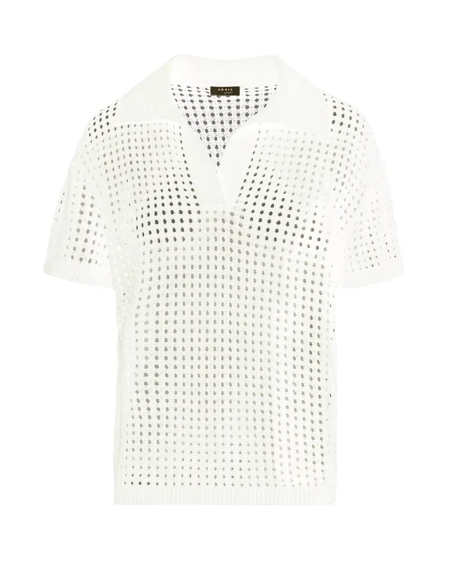 Women Mesh-Knit Polo Shirt In Cream Graceful Movement