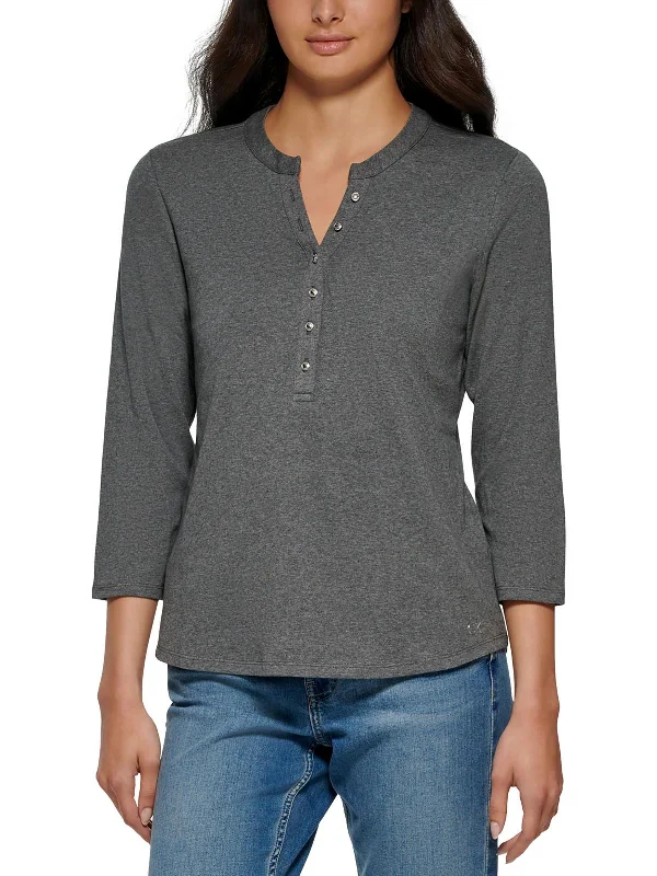 Womens Button Front Crewneck Henley Signature Style Essentials