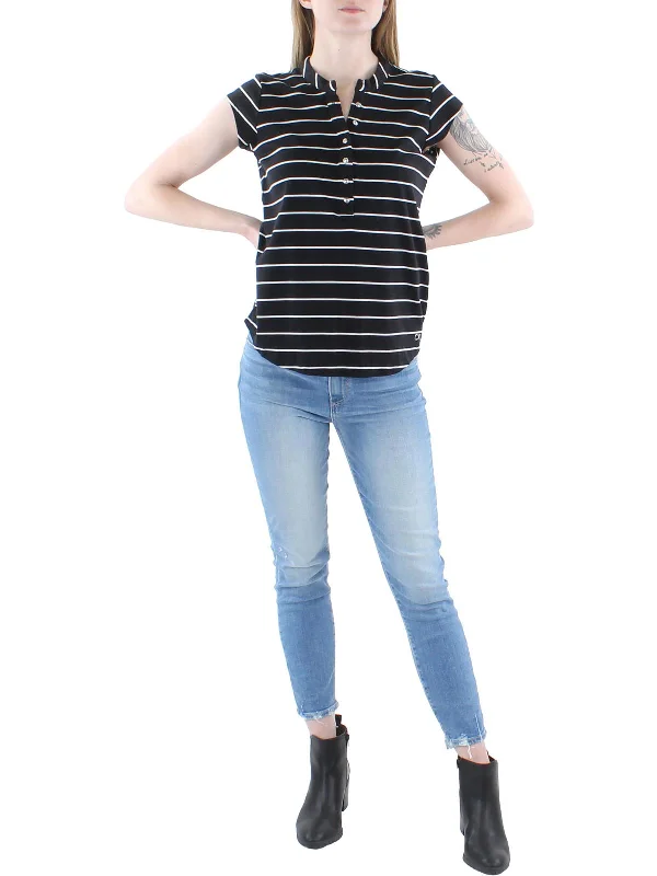 Womens Button Front Striped Polo Top Big Discounts