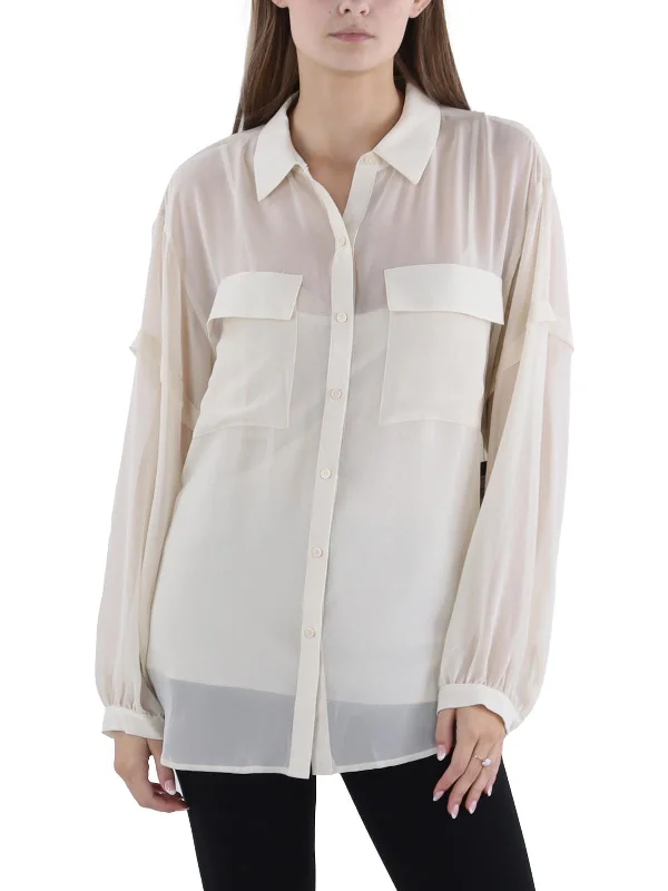 Womens Chiffon Collared Button-Down Top Trendy Pulse