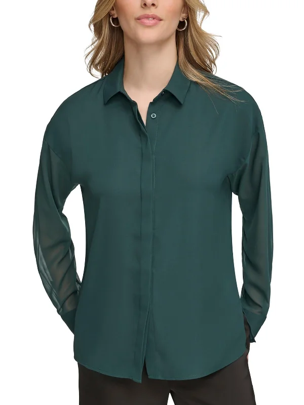 Womens Chiffon Sleeve Collared Button-Down Top Comfort Centric Apparel