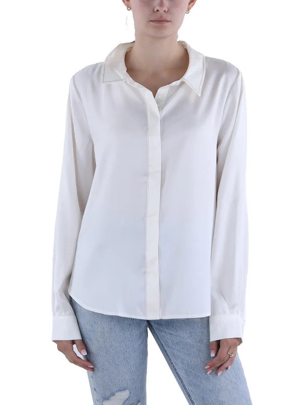 Womens Collar Contrast Trim Button-Down Top Bold Patterns