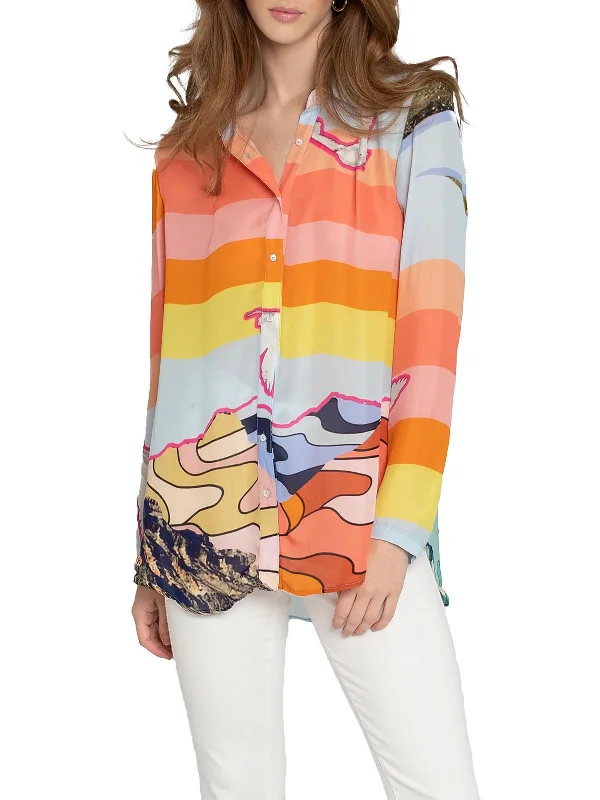 Womens Collar Long Sleeve Button-Down Top Vibrant Styles