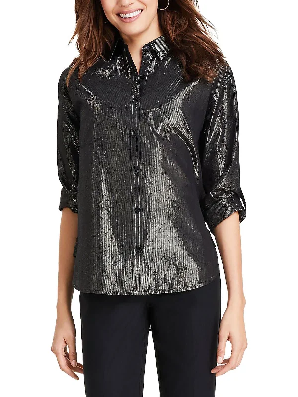 Womens Collar Metallic Button-Down Top Discover Promotions