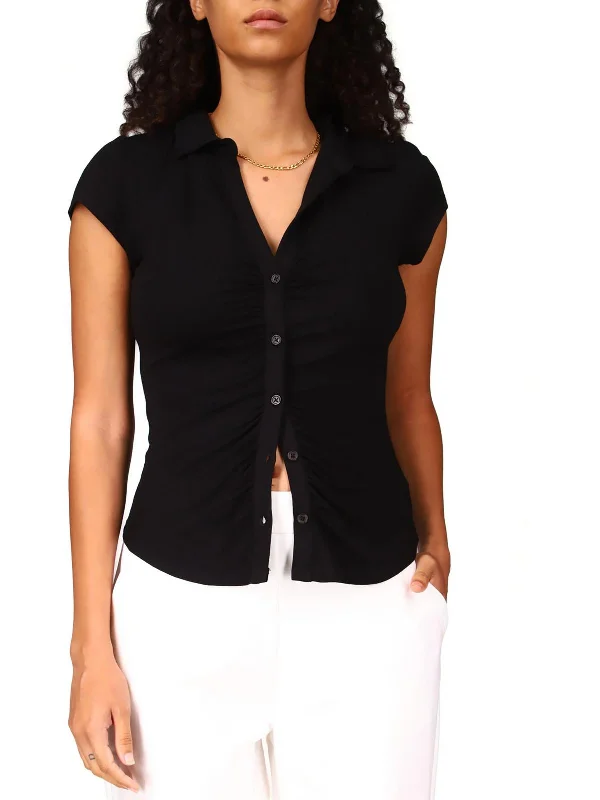 Womens Collar Short Sleeve Button-Down Top Artful Design