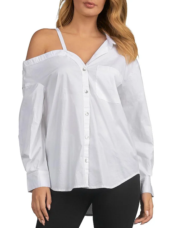 Womens Collared Cold Shoulder Button-Down Top Chic And Trendy