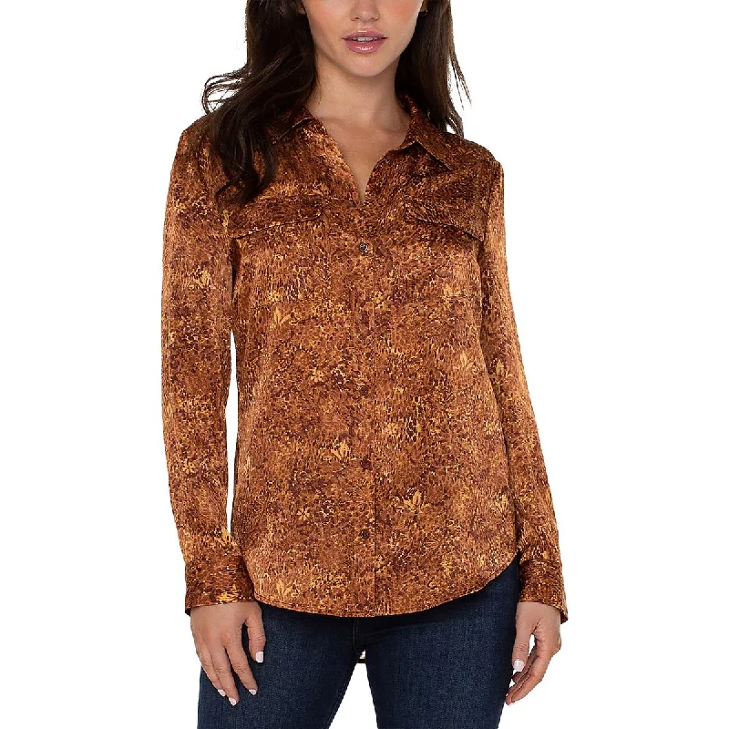 Womens Collared Flap Pocket Button-Down Top Hot Trends