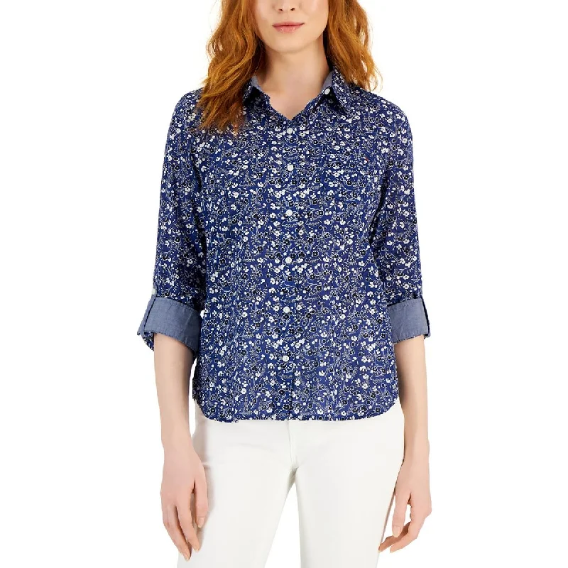 Womens Collared Floral Print Button-Down Top Chic Outfits