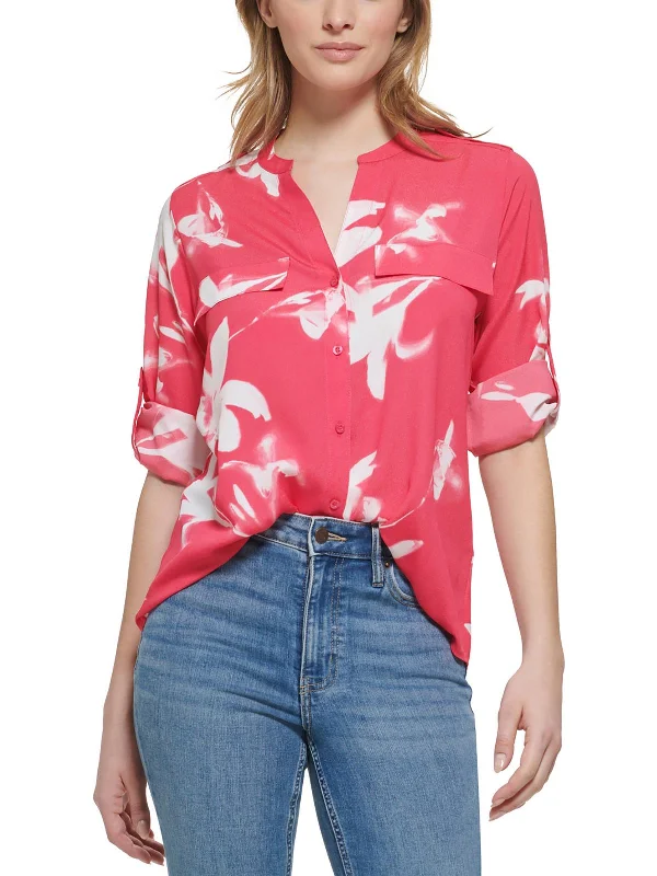 Womens Collarless Floral Button-Down Top Bold Silhouette