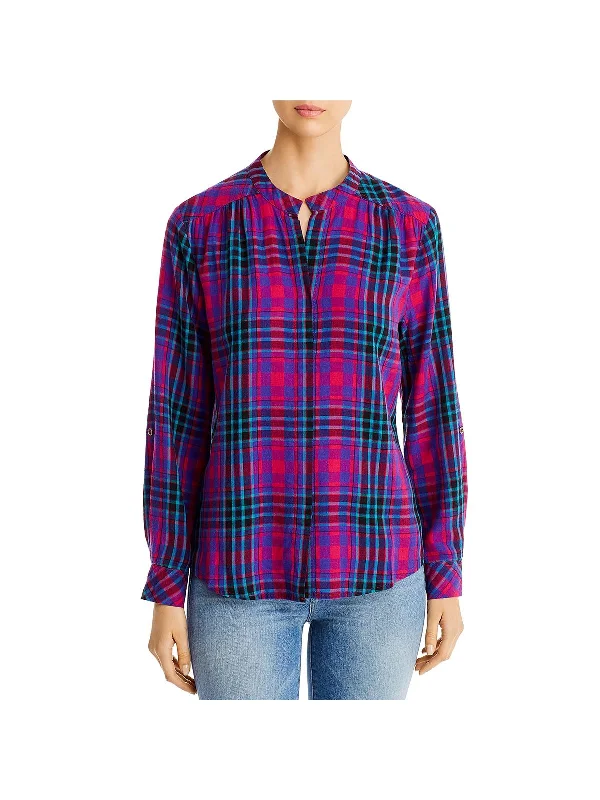 Womens Collarless Plaid Button-Down Top Casual Yet Stylish Separates