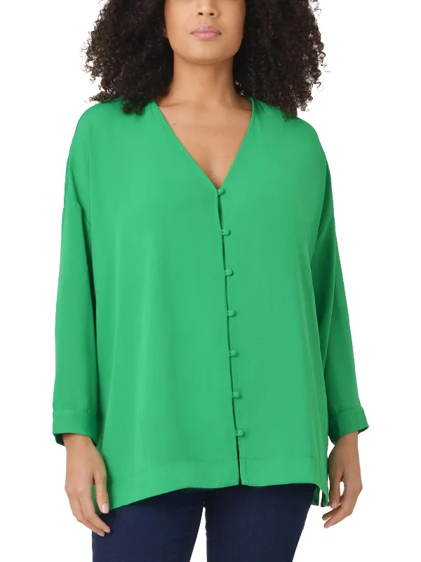 Womens Collarless Three Quarter Sleeve Button-Down Top Trendy Women's Wear