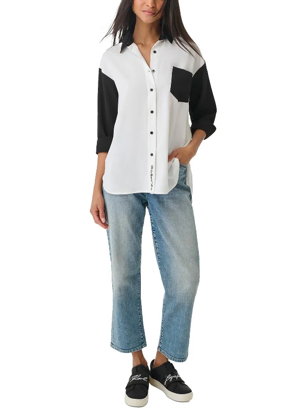 Womens Colorblock Collared Button-Down Top Chic Style, Always In Vogue