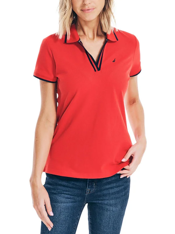 Womens Contrast Trim Split Neck Polo Top Fashion Forward Outfits