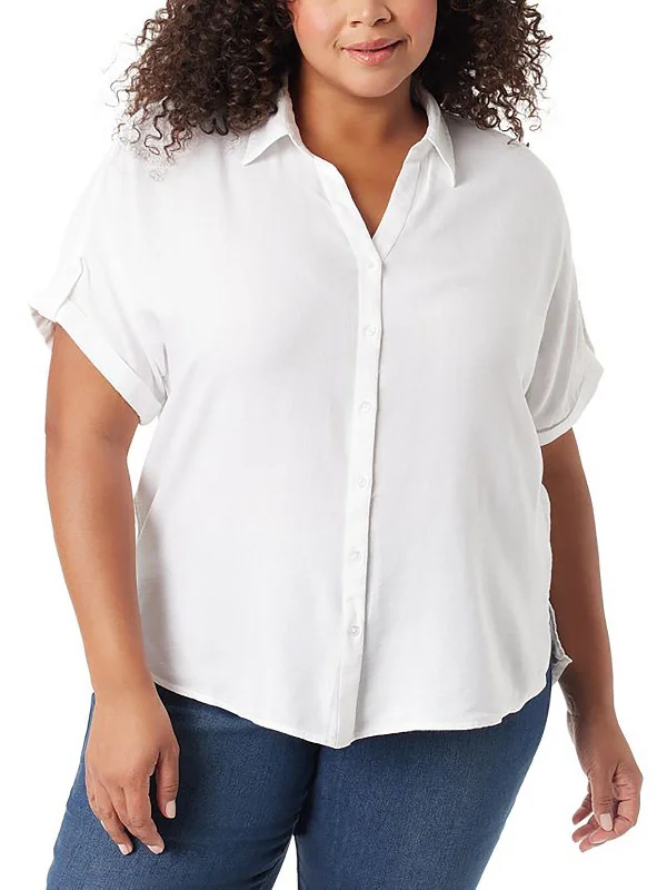 Womens Cotton Blend Short Sleeve Button-Down Top Fashion Sale