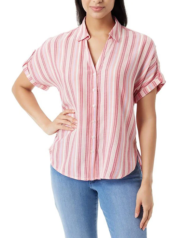 Womens Cotton Blend Striped Button-Down Top Urban Femme Streetwear