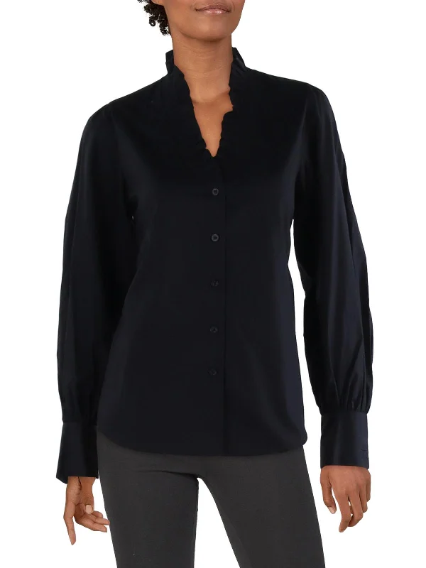 Womens Cotton Ruffled Neck Button-Down Top Now On Sale For Chic Urban Styles