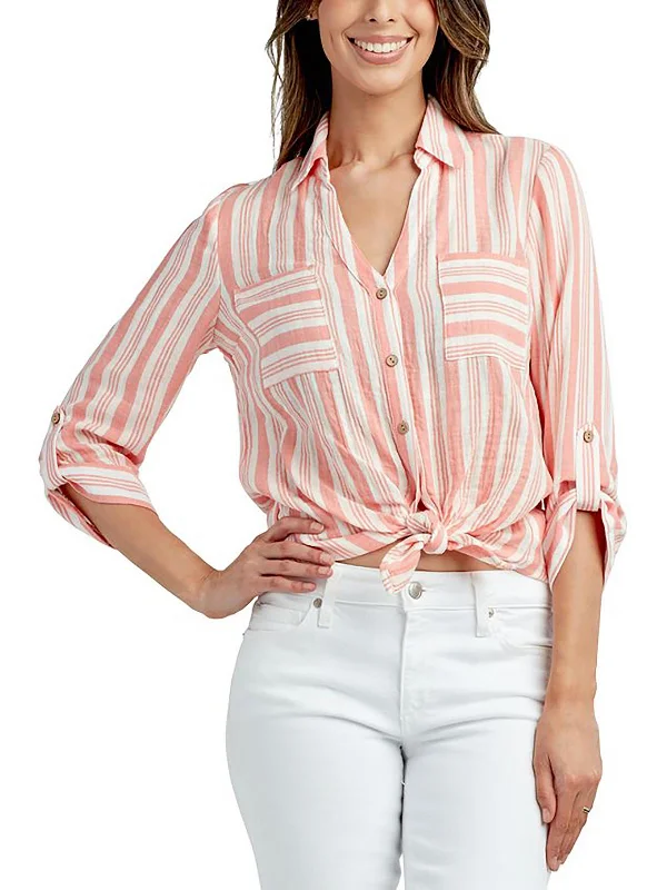 Womens Cotton Striped Button-Down Top Holiday Sale