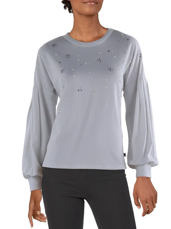 Womens Embellished Crewneck Pullover Top Casual Chic