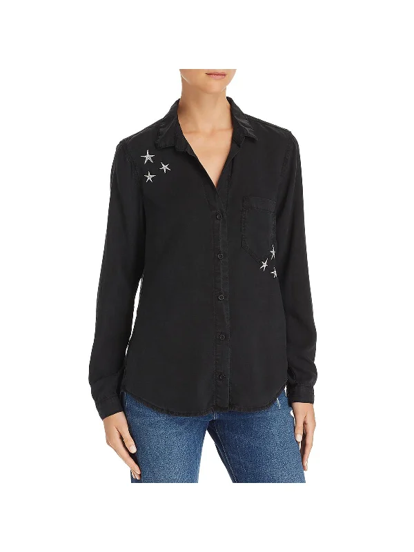 Womens Embroidered Hi-Low Button-Down Top Limited Stock