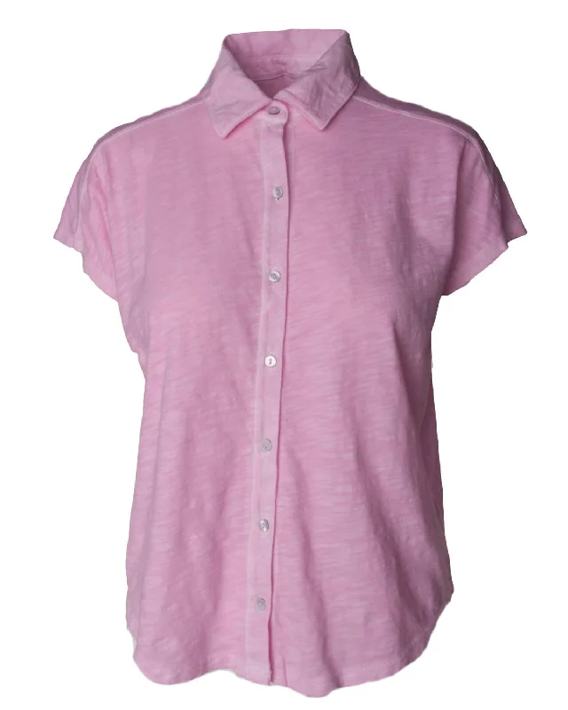 Women's Enzyme Wash Button Tee In Pink Feminine Soft - Hued Look