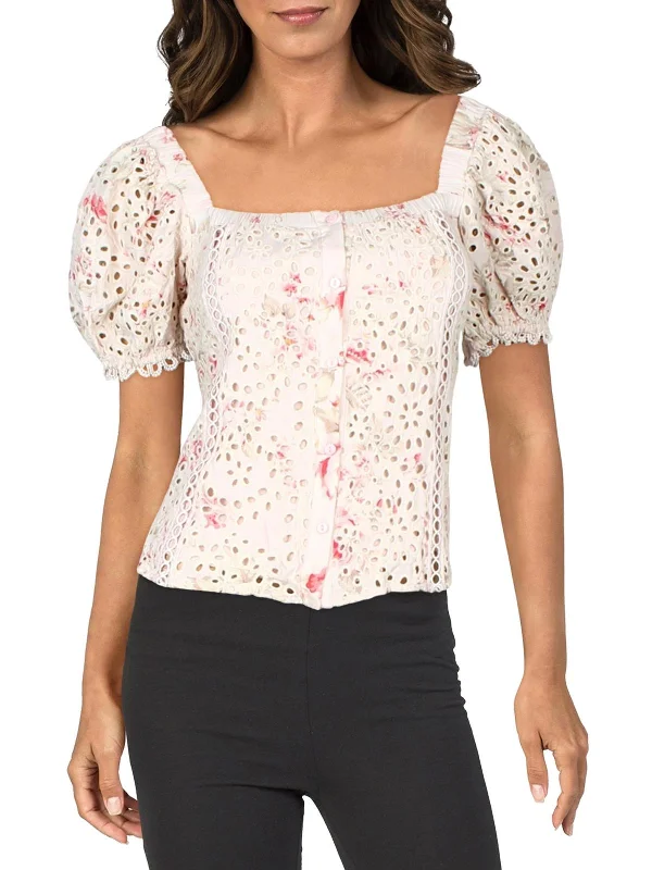 Womens Eyelet Floral Button-Down Top Fashion Deal