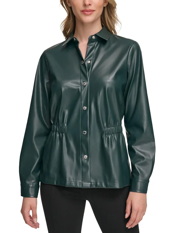 Womens Faux Leather Collared Button-Down Top Chic & Cozy Collection