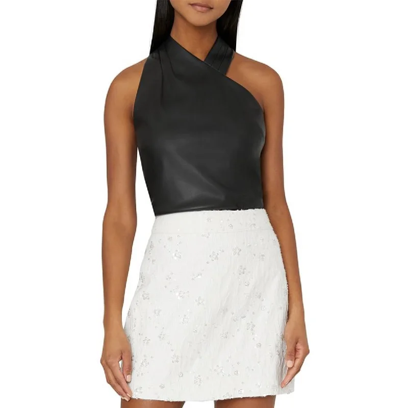 Womens Faux Leather Pleated Halter Top Hot Trends