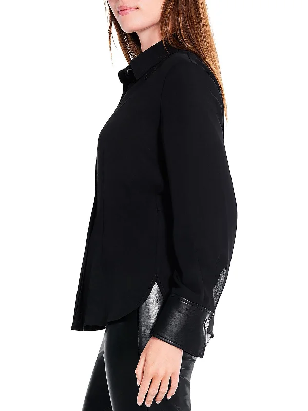 Womens Faux Leather Trim Long Sleeve Button-Down Top Chic Wardrobe Essentials