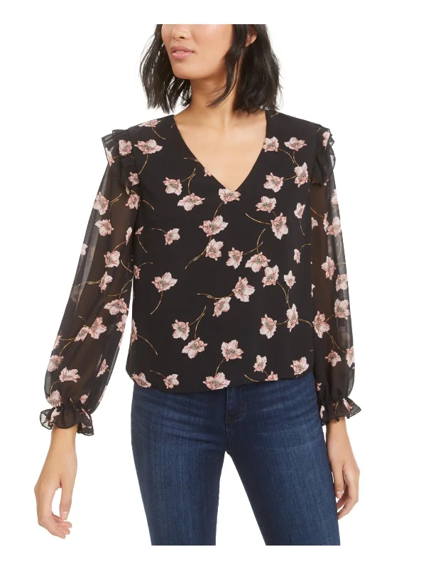 Womens Floral Print Ruffle Sleeve Blouse Trend Setting Threads