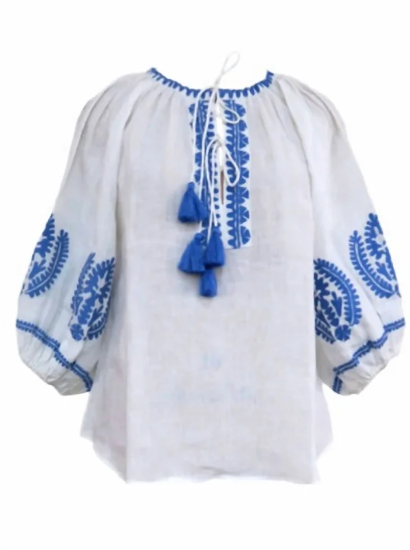 Women's Gaby Top Blouse In White/blue Elegant Details