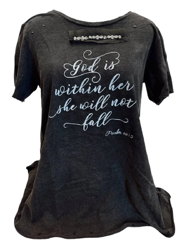 Women's God Is Within Her Distressed Shirt In Black Summer Fashion