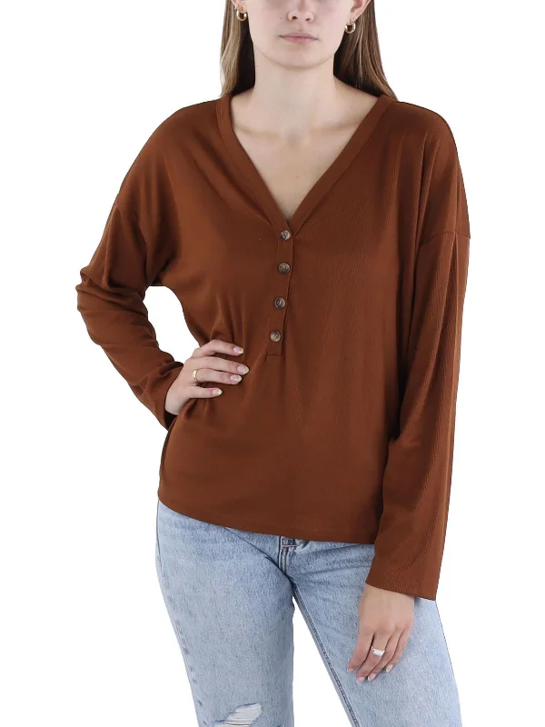 Womens Half Button Down Long Sleeves Pullover Top Relaxed Style