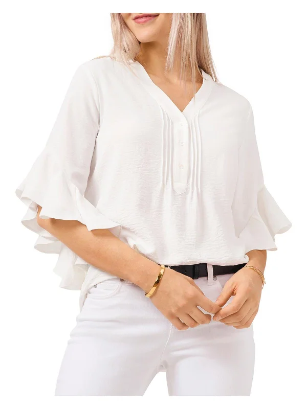 Womens Hi-Low Flutter Sleeves Henley Top Casual Chic