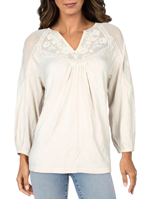 Womens Lace Inset V-Neck Pullover Top Trend Setting Wardrobe