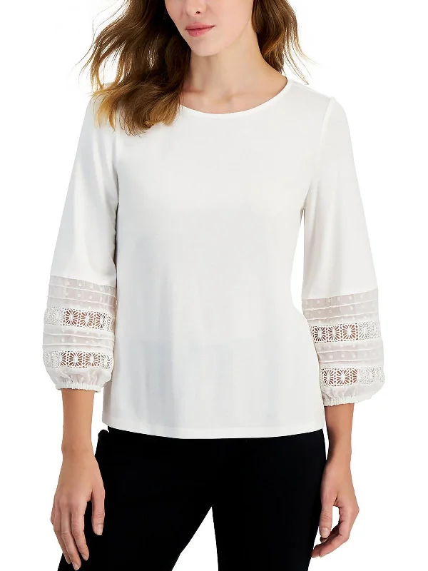 Womens Lace Trim Crewneck Pullover Top Chic Style