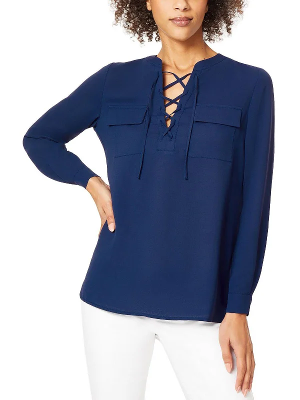 Womens Lace-Up Neck Office Blouse Evening Elegance