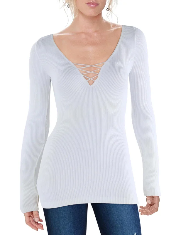 Womens Lace-Up V-Neck Pullover Top Cool Prices