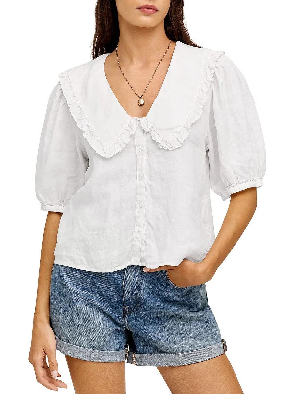 Womens Linen Button-Down Blouse Casual Weekend Relaxed Style