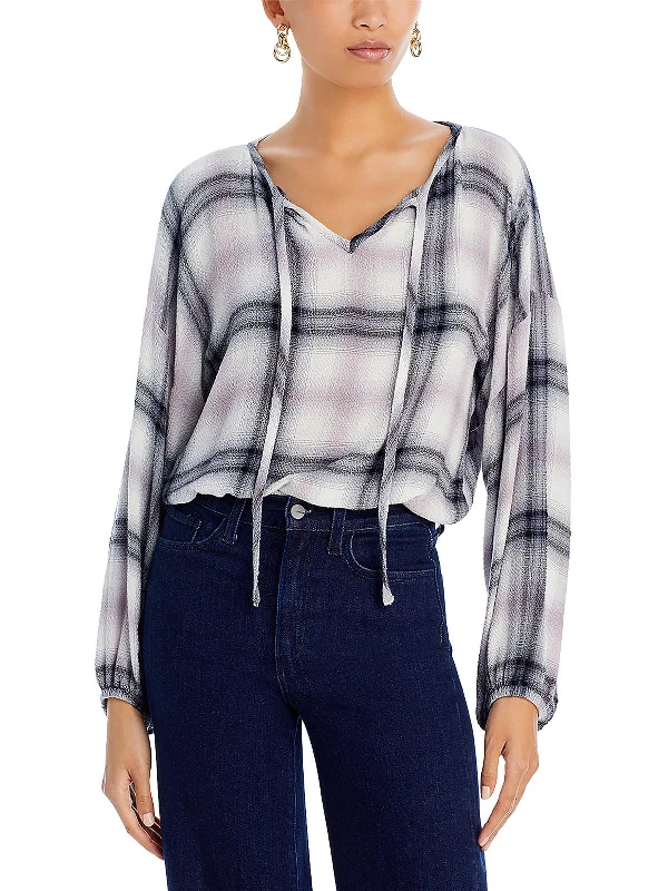 Womens Plaid Tie Neck Pullover Top Unleash Your Trendy Side