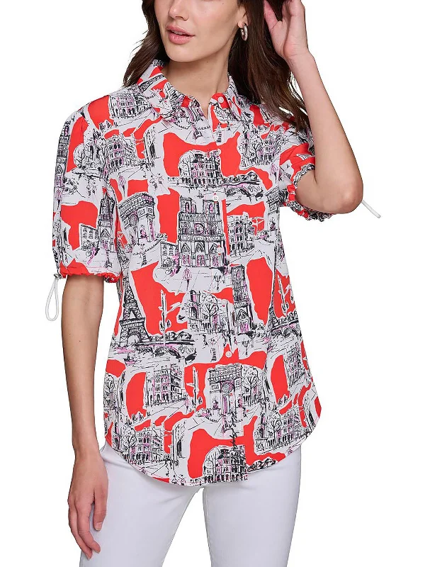 Womens Printed Drawstring Hem Button-Down Top Fashion Sale