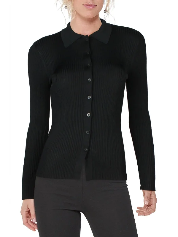 Womens Ribbed Knit Polo Button-Down Top Cutting Edge Fashion