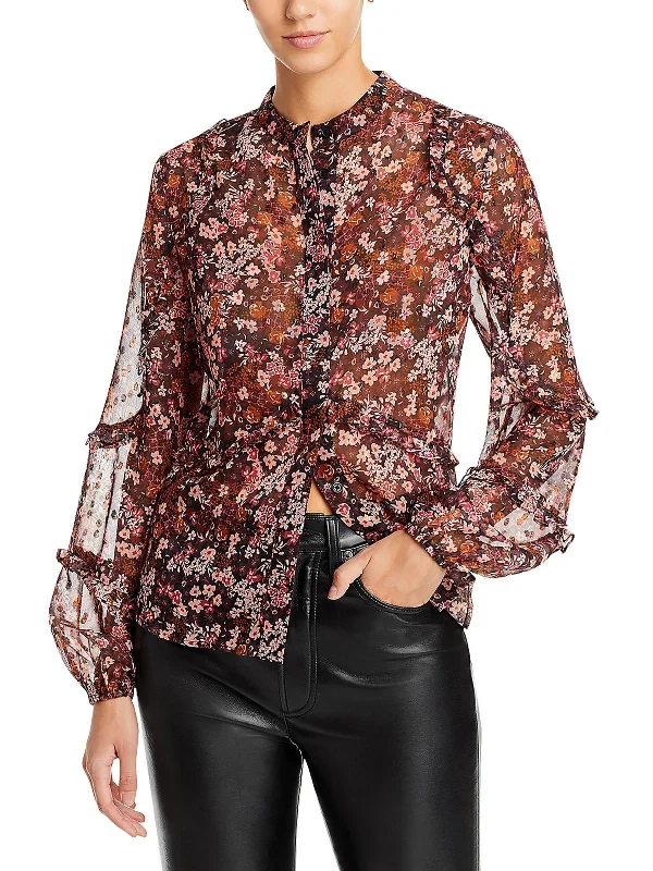 Womens Ruffled Floral Print Button-Down Top Everyday Wear