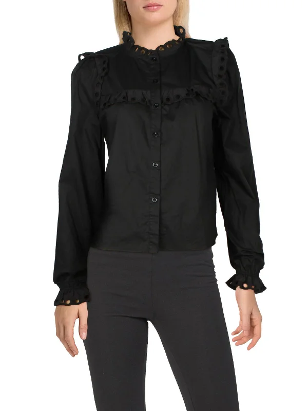 Womens Ruffled Yoke Button-Down Top Fashion Forward Femme