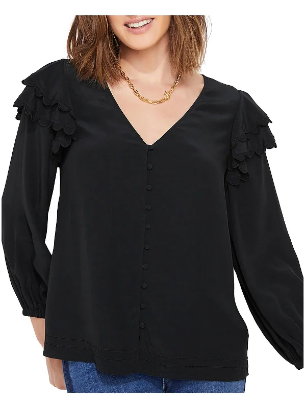 Womens Scalloped Sleeve Button-Down Blouse Signature Style Essentials