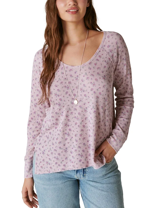 Womens Scoop Neck Floral Thermal Top Chic Styles